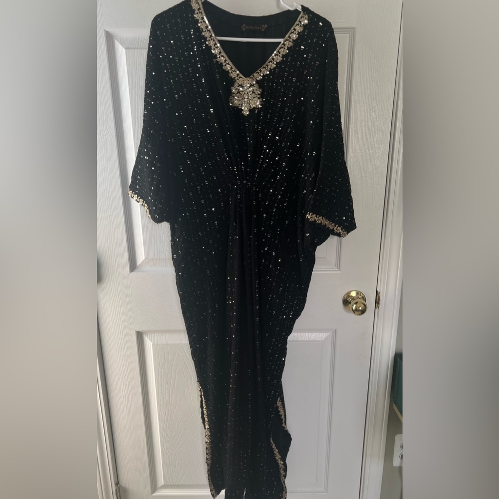 Agha Jaan Black and Gold Sequin Kaftan Dress with Gold embroidery